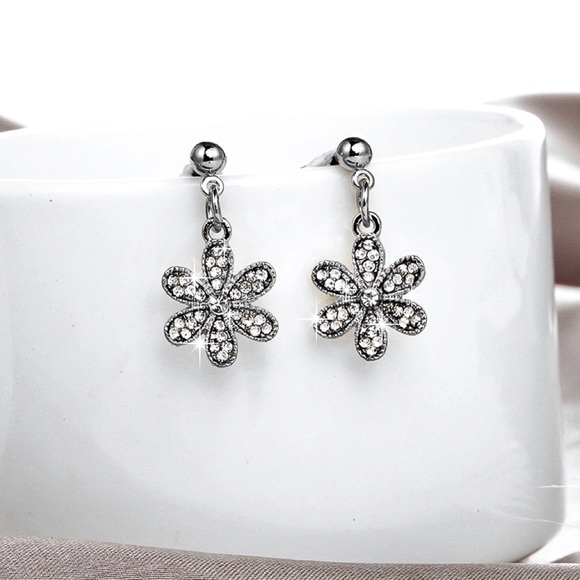 CLOSEOUT! Antiqued Silver CZ Pave Daisy Earrings - Picture 2 of 7